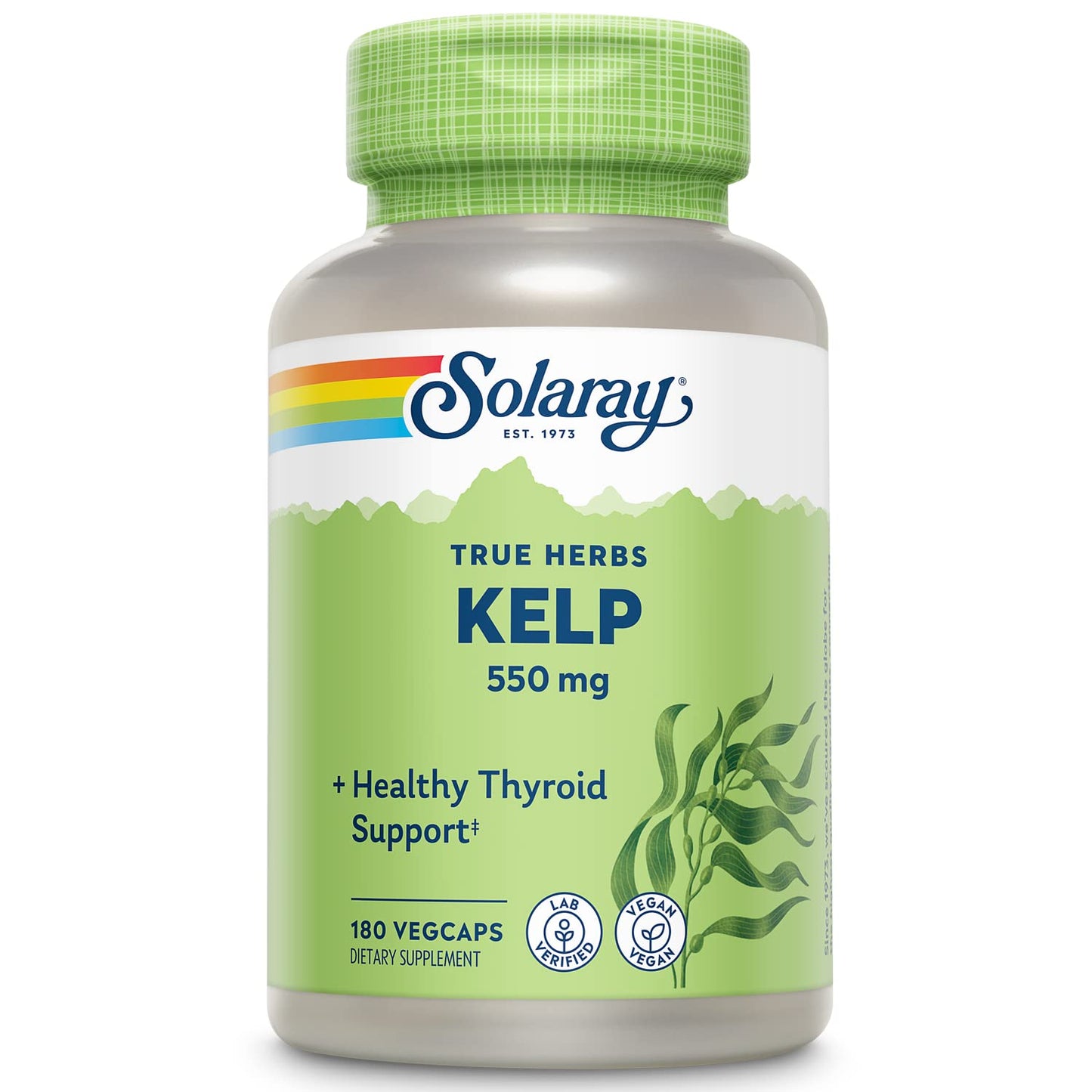 SOLARAY Kelp 550 mg with Folic Acid for Healthy Thyroid Function, Energy & Metabolism Support Capsule, 180 Count