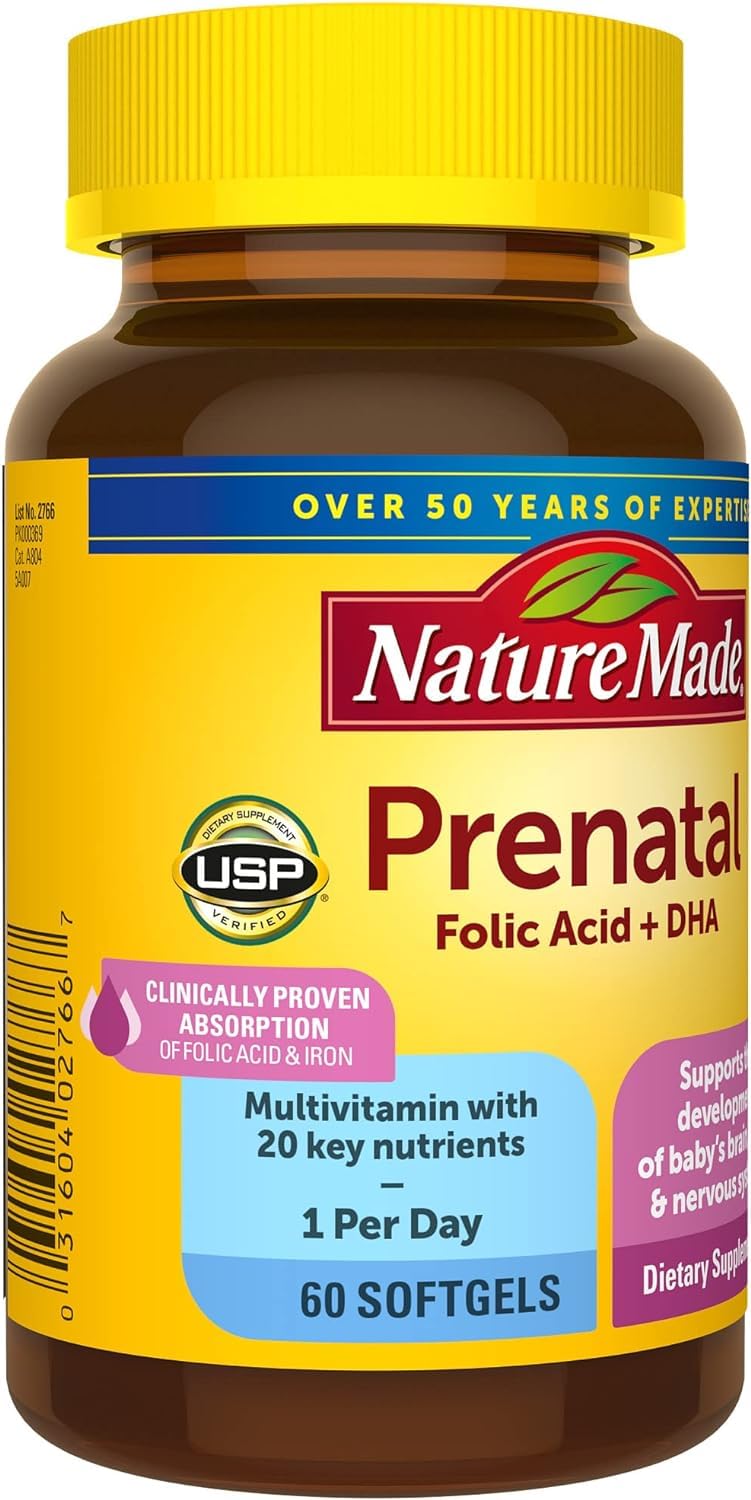 Nature Made Prenatal Vitamin + DHA Softgels with Folic Acid, Iodine and Zinc, 60 Softgels