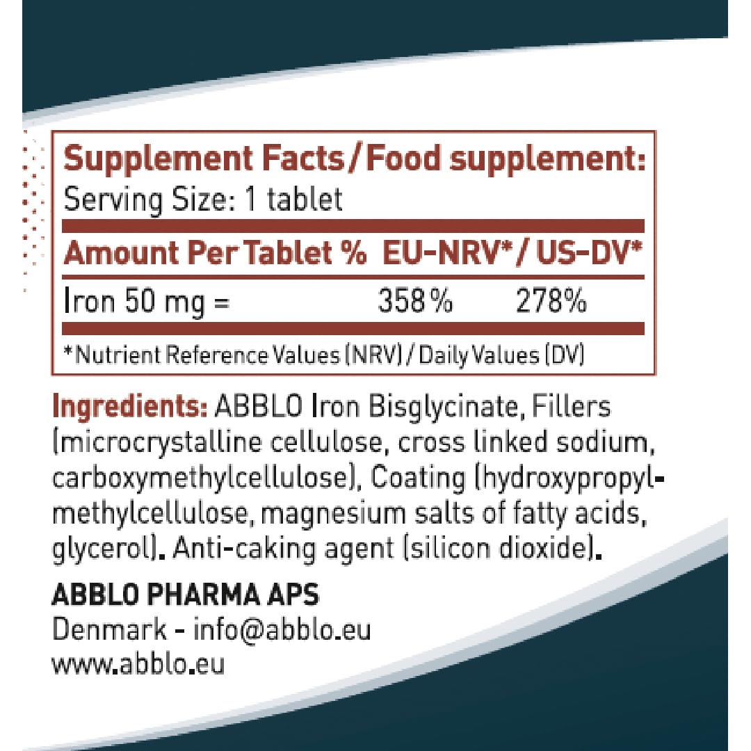 ABBLO PHARMA Iron Bisglycinate 50mg Tablet, 100 Count