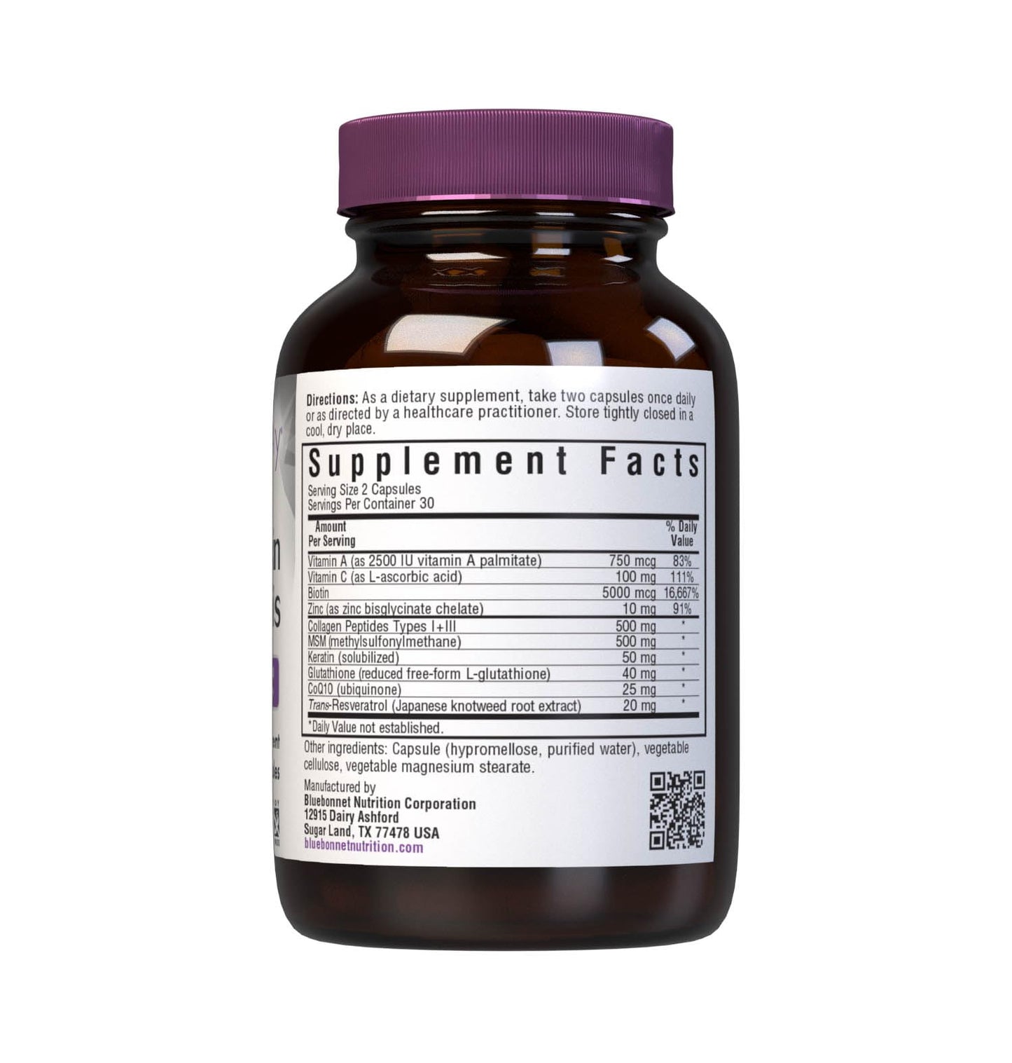 BlueBonnet Beautiful Ally Hair, Skin & Nails Collagen Peptides Type 1 & 3, Hydrolyzed from Grass-Fed Cows, 60 Capsules