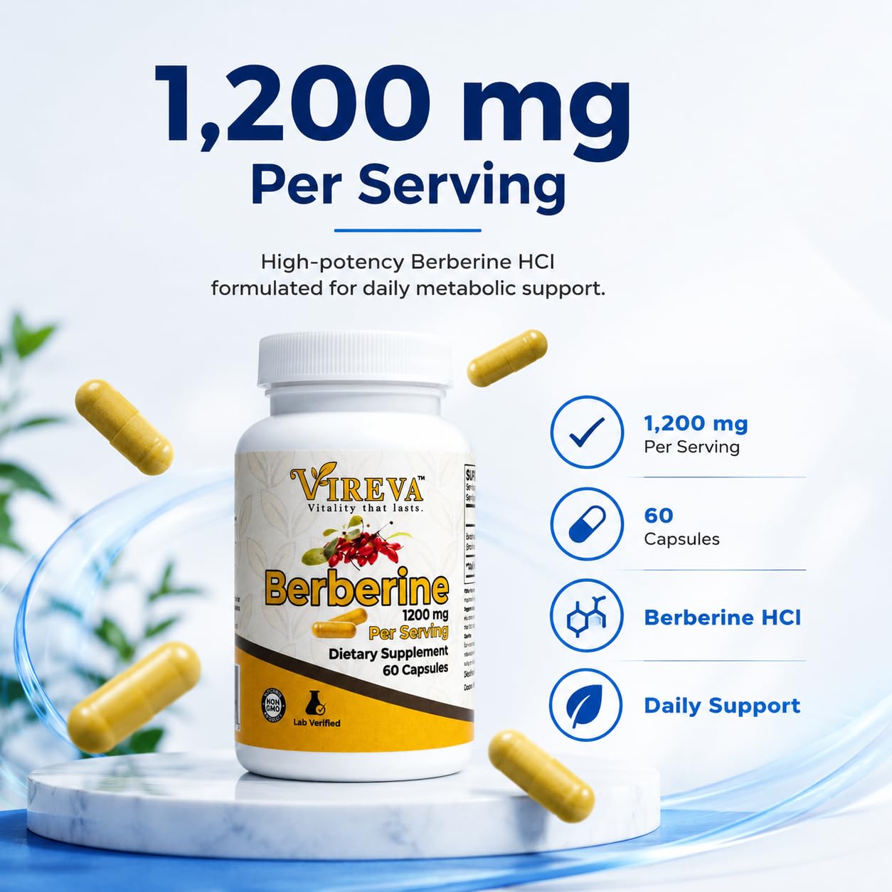 Vireva Berberine 1200 mg Capsules 60 Count