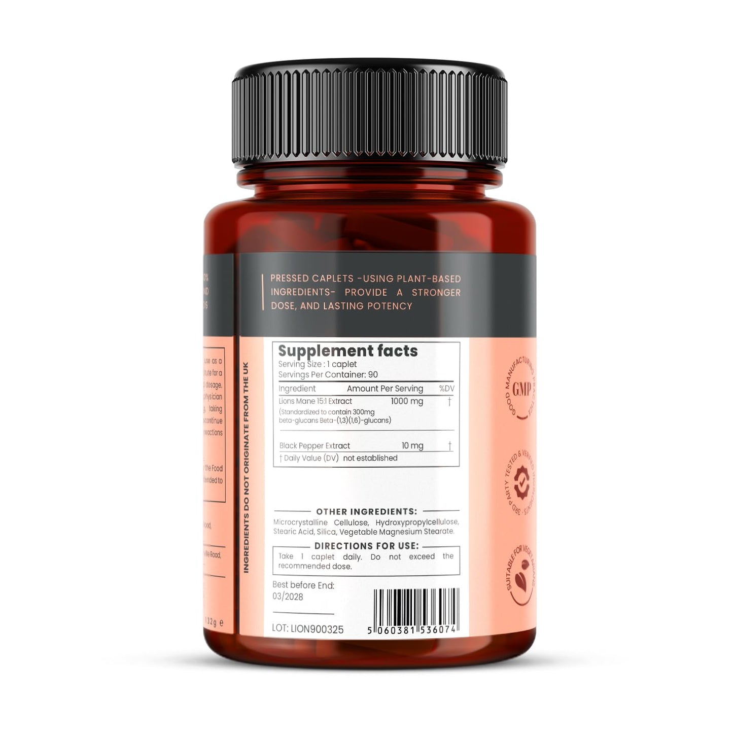 pureclinica Full Spectrum Lion’s Mane Mushroom Extract (15:1) 1000mg Per Caplet, 90 Caplets