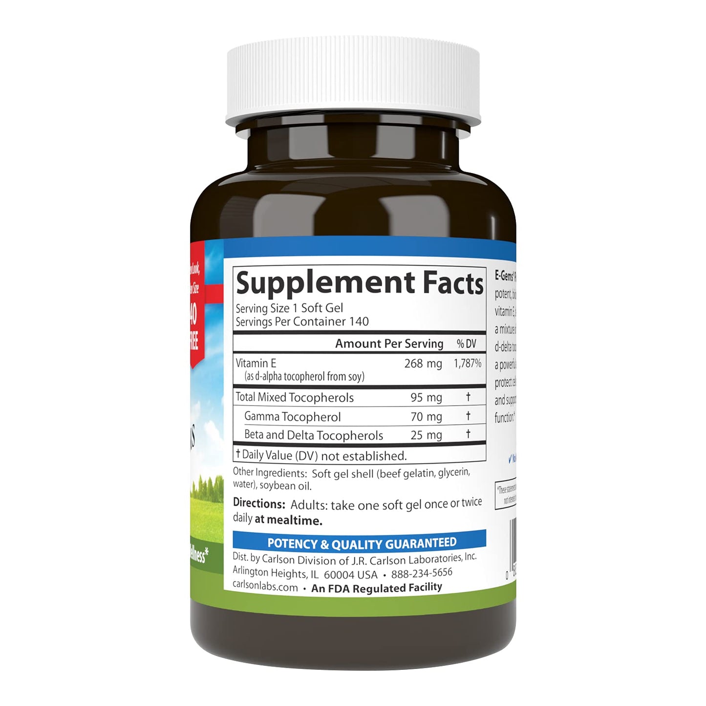 Carlson E-Gems Plus 400 IU Natural-Source Vitamin E Softgels, 140 Softgels