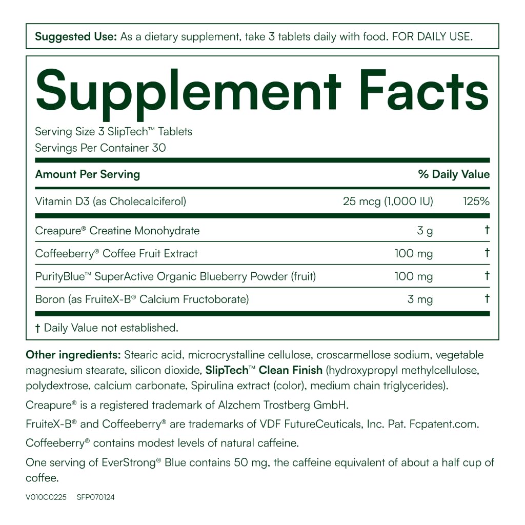 Purity Products EverStrong Blue Strength Building + Brain Boosting with Muscle Matrix Blend featuring Creatine Monohydrate, PurityBlue Organic Blueberry Complex, 1000 IU Vitamin D3, 90 Tablets
