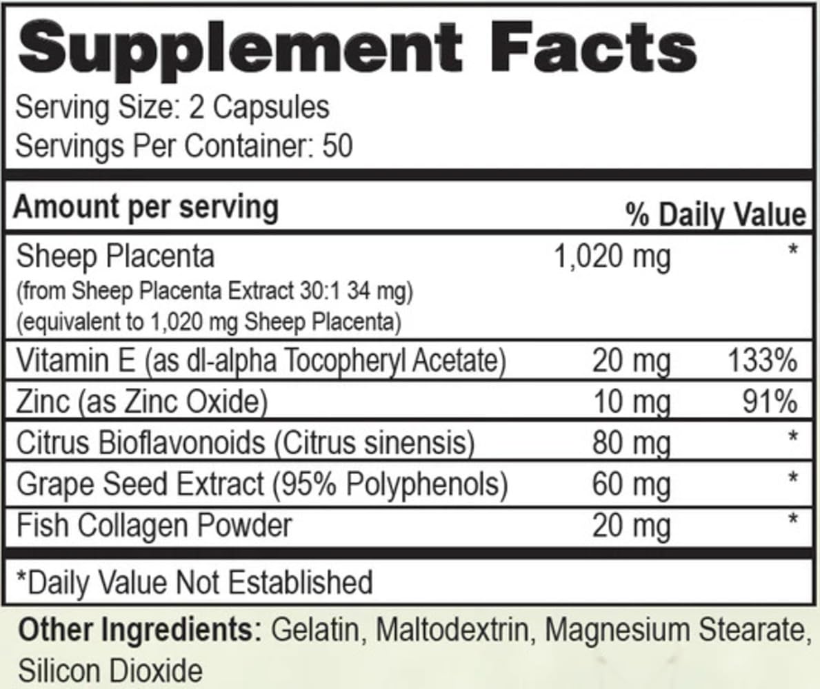 Nu-Health Sheep Placenta Complex, Fish Collagen, Grape Seed Capsules 100