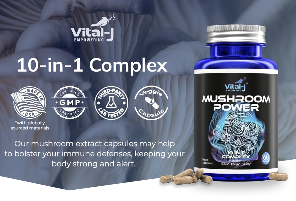 Vital-J Empowering Mushroom Power Complex 10-in-1 W/Cordyceps, Reishi, Shiitake & Lions Mane Nootropic Dietary Supplement for Gut Microbiome, Focus, Energy & Vitality, 60 Capsules