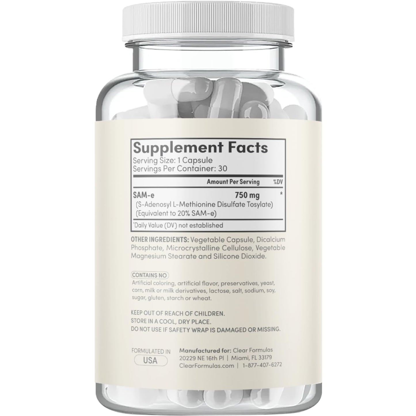 Clear Formulas Bioactive SAM-e 750mg Capsules 30 Count