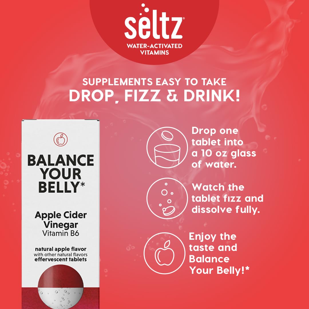 Seltz Balance Your Belly – Effervescent Vitamins with Apple Cider Vinegar (1000 mg) & Vitamin B6 for Digestive Health, Blood Sugar & Mood Support – Apple Flavor, 120 Tablets