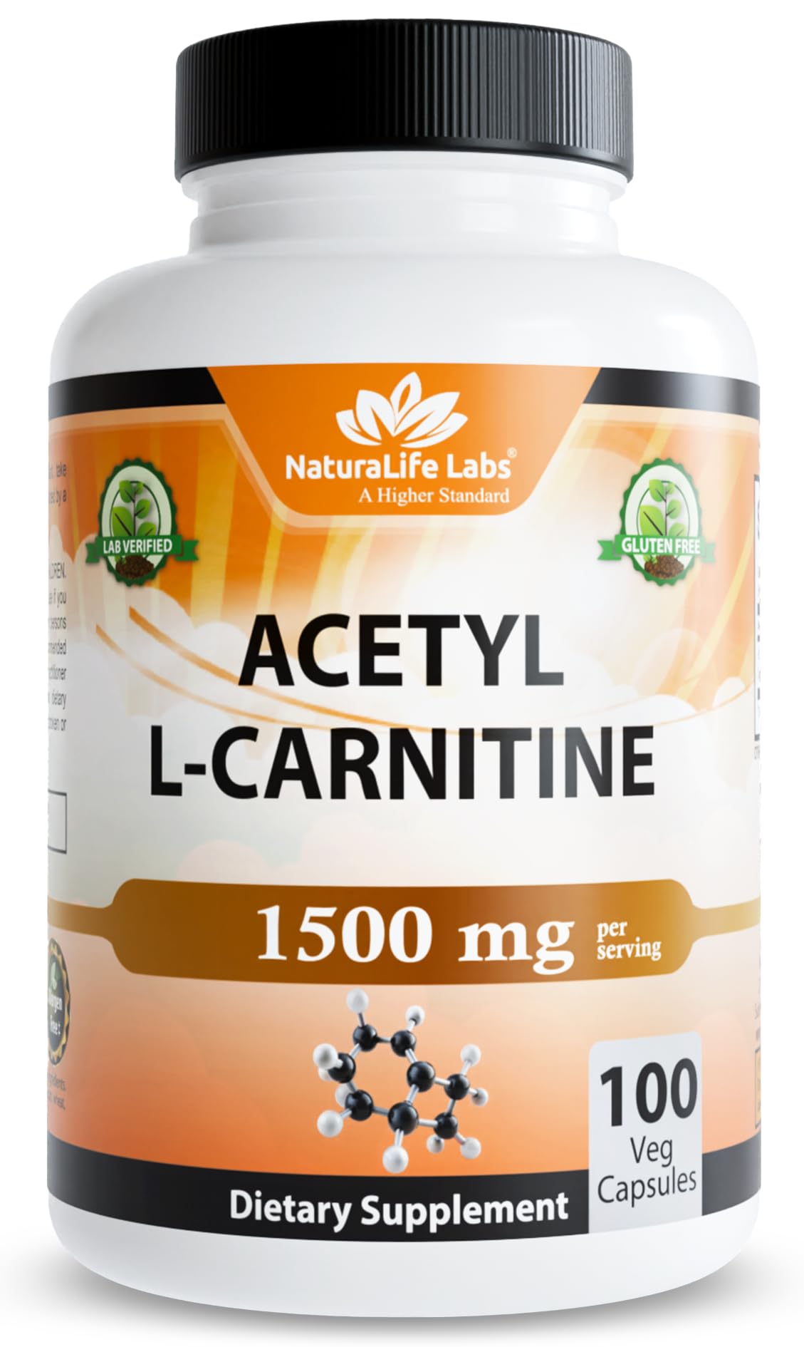 NaturaLife Labs Acetyl L-Carnitine (ALCAR) 1500 mg per Serving, 100 Capsules
