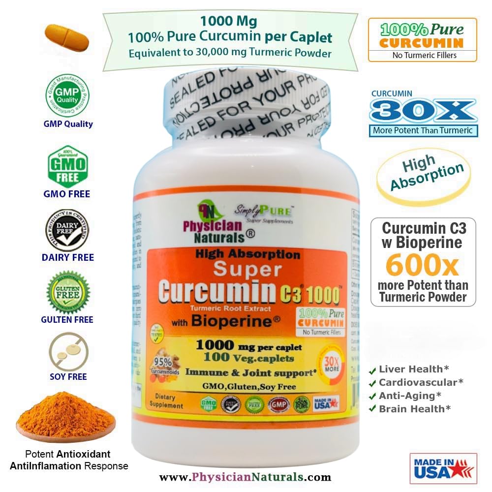 Physician Naturals Super Curcumin C3 1000 with Bioperine Capsules, 100 Count