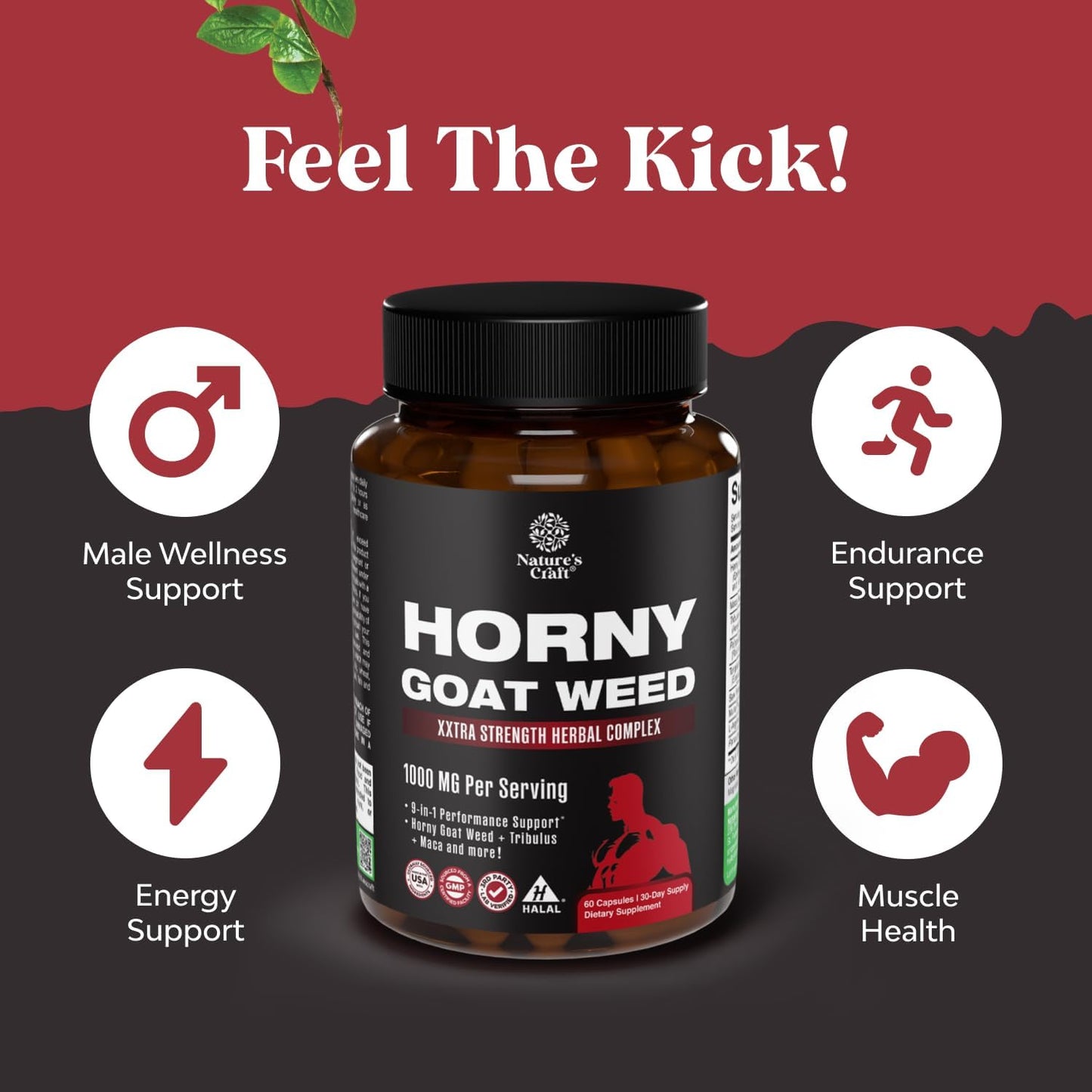 Natures Craft Horny Goat Weed for Men - Extra Strength Male Supplement with Black Maca Root, Tongkat Ali, Saw Palmetto & Panax Ginseng Extract for Stamina & Energy - Capsule, 60 Count