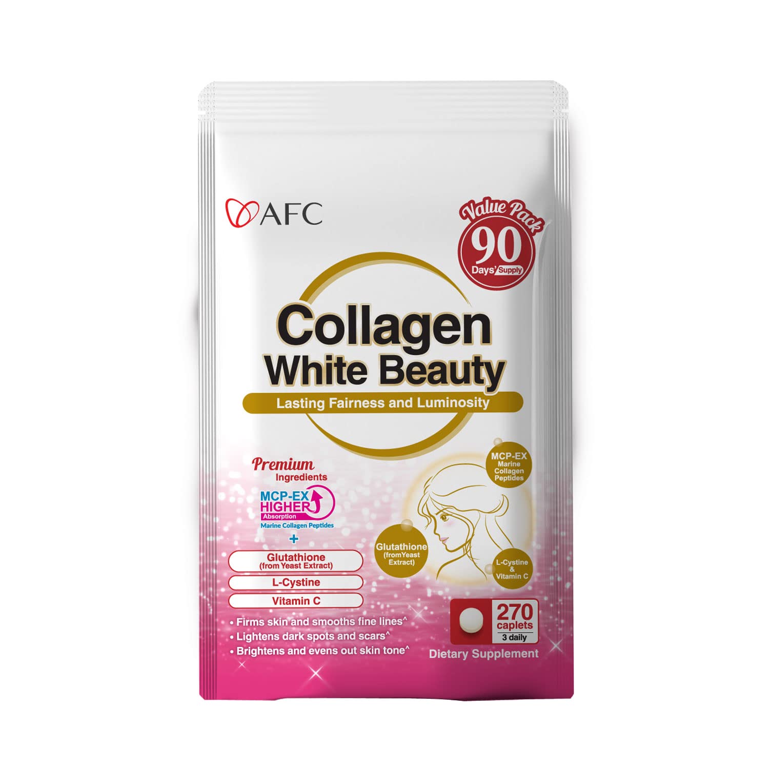 AFC Japan Collagen White Beauty with Marine Collagen Peptide, Glutathione, L-Cystine Caplets, 270 Caplets