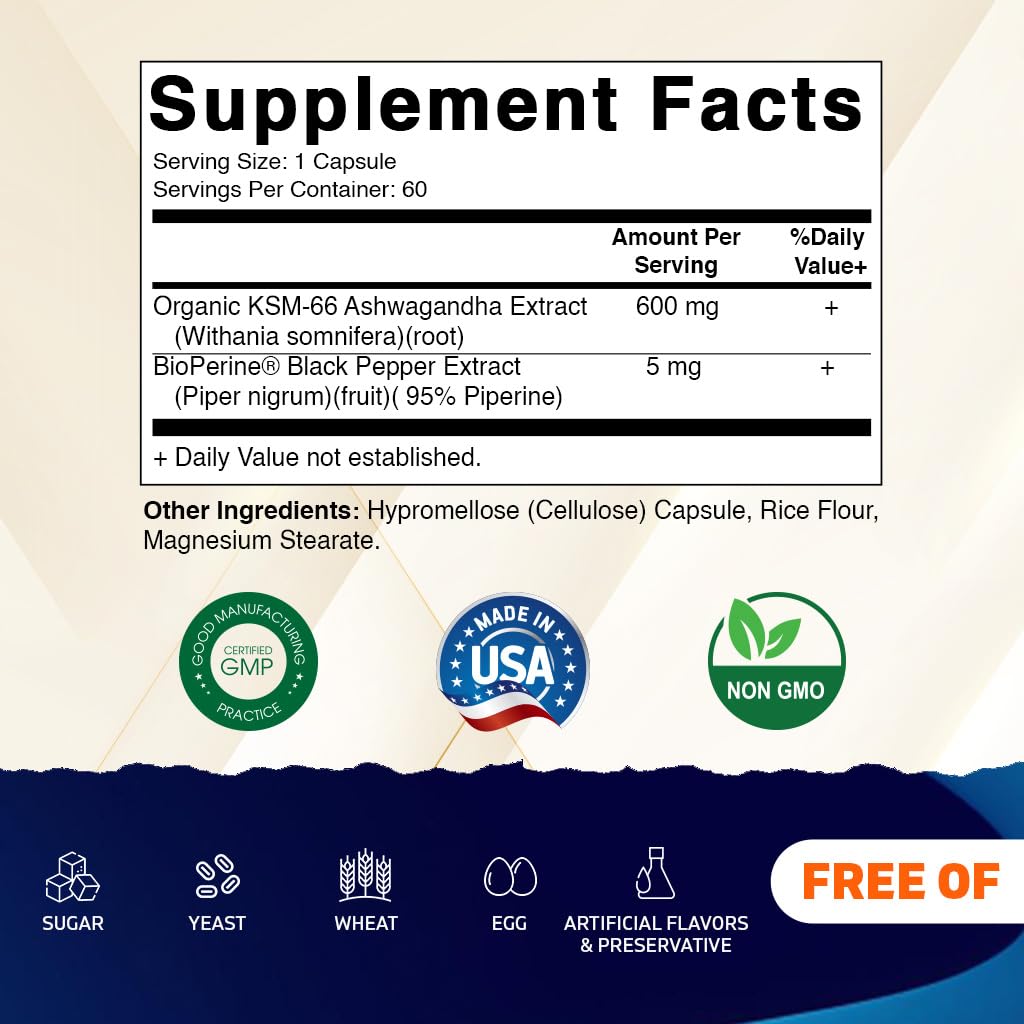 Vitamatic KSM-66 Ashwagandha Root Extract + Bioperine - 600mg, 60 Veggie Caps