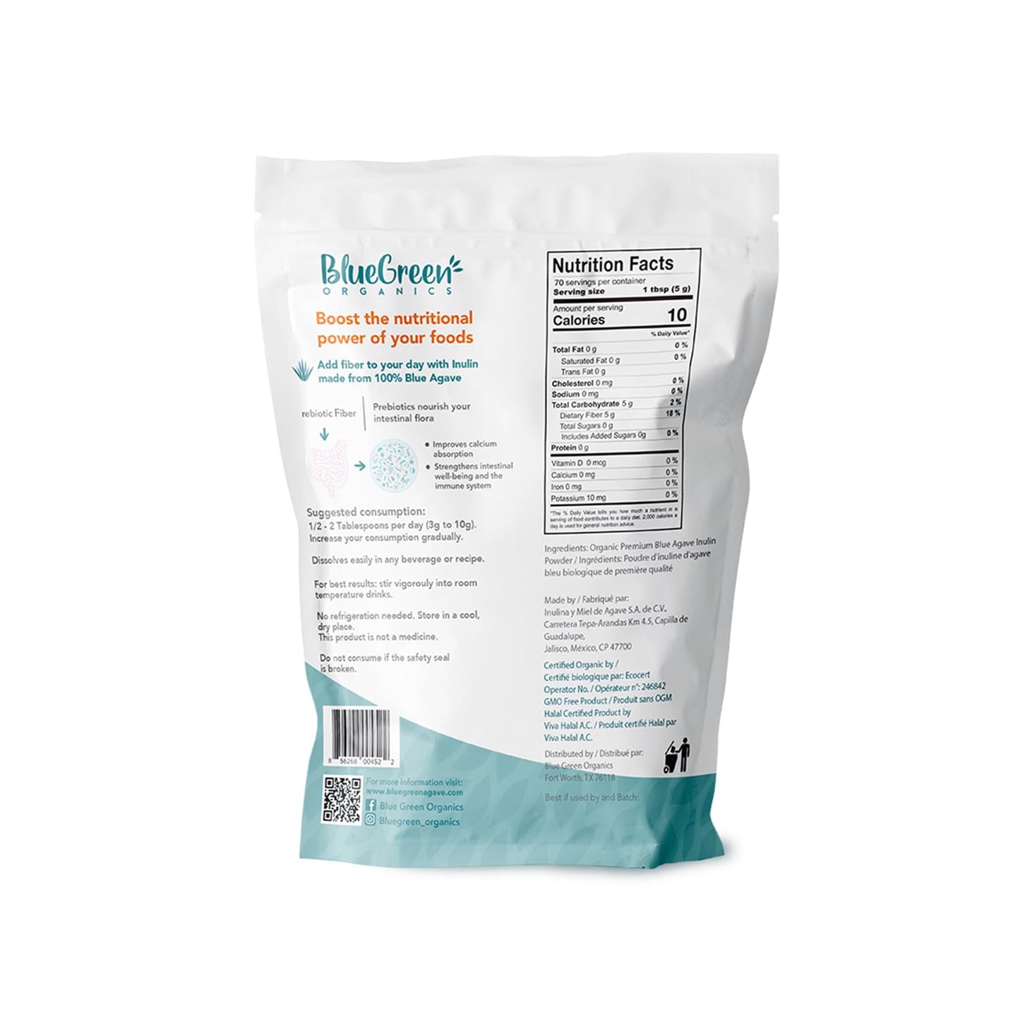 BLUEGREEN Agave Inulin Fiber Powder, 12.32 Ounce