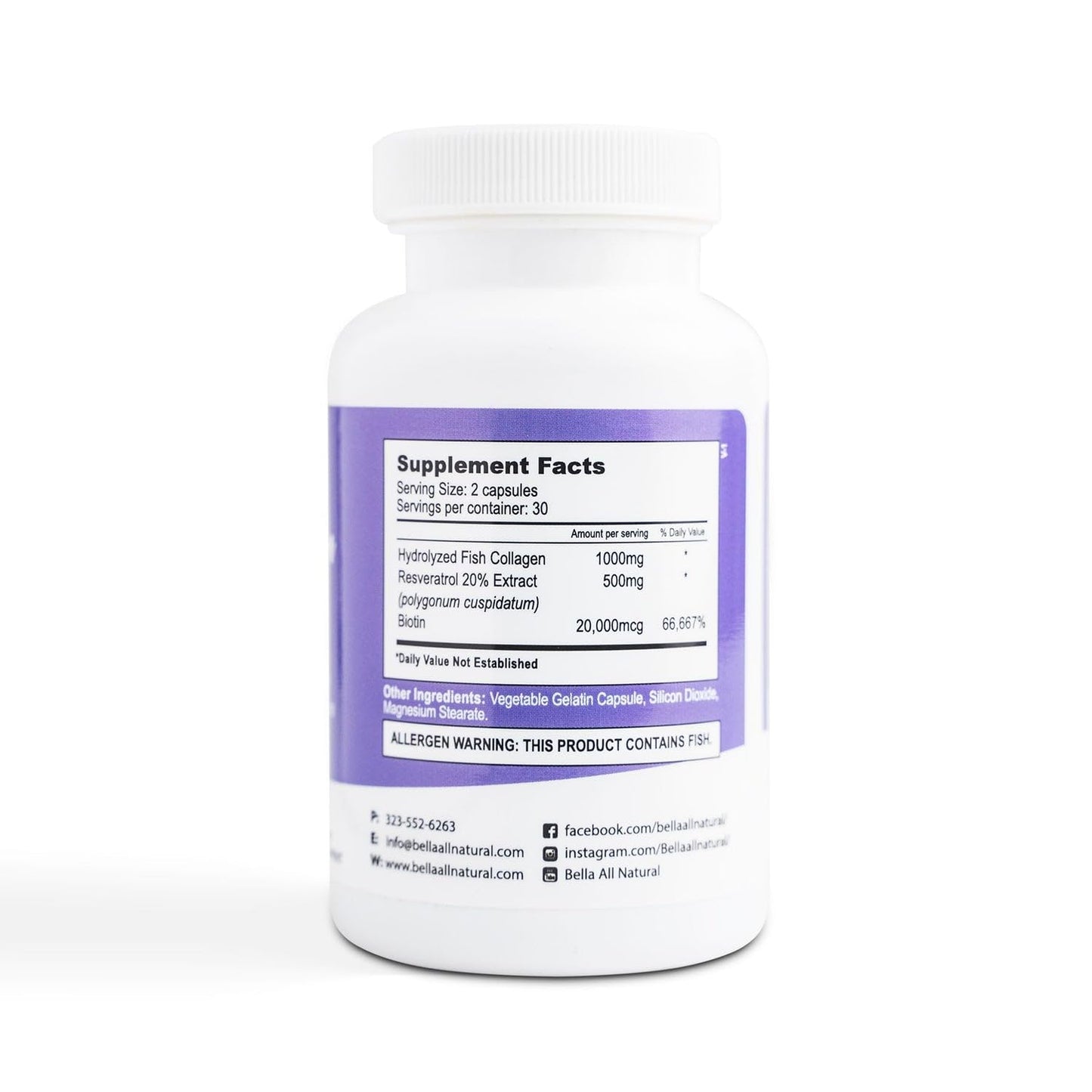 Bella All Natural Collagen Colageno, Hair, Skin and Nails 60 Capsules