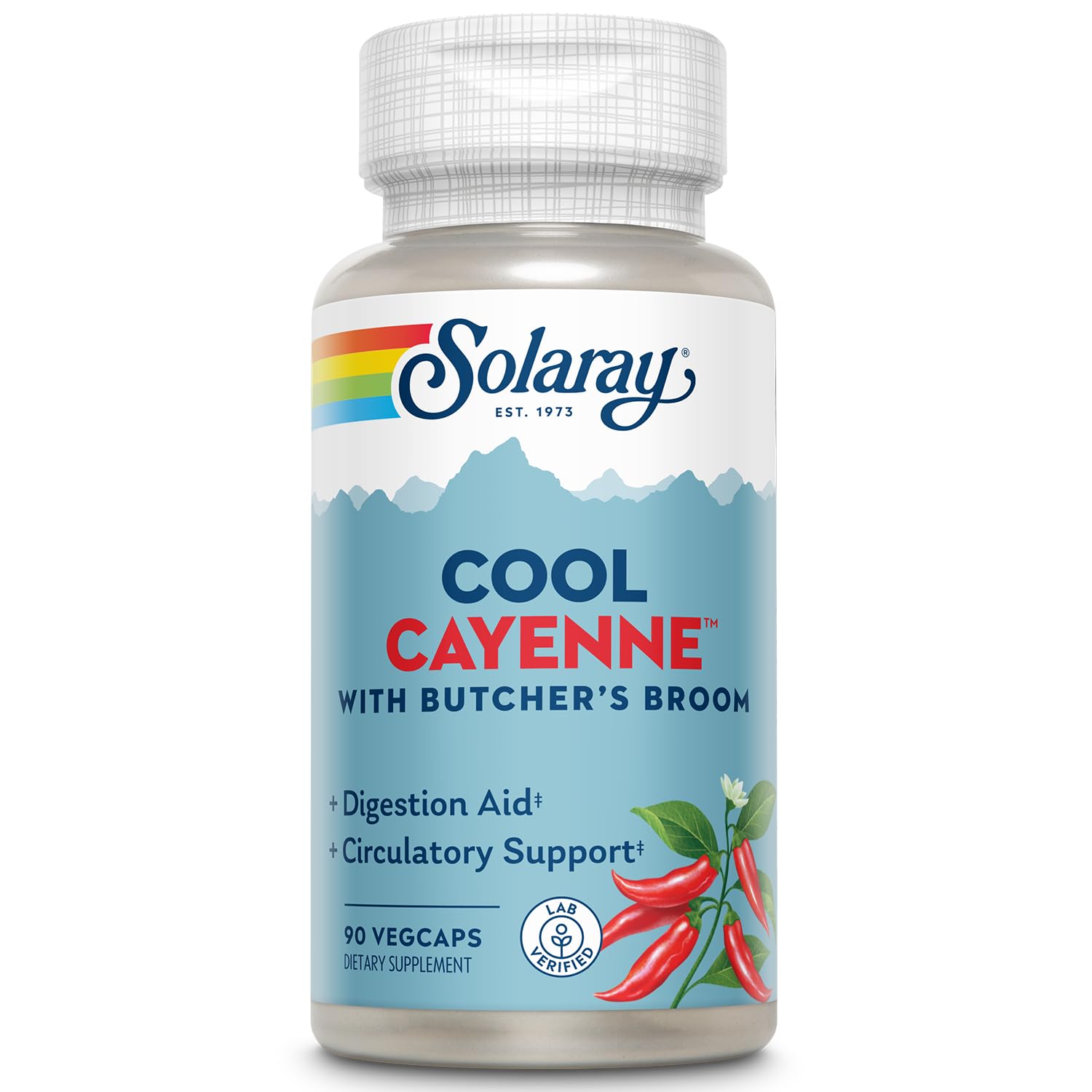 Solaray Cool Cayenne Pepper 40,000 HU with Butchers Broom for Healthy Circulation Support Capsule, 90 VegCaps