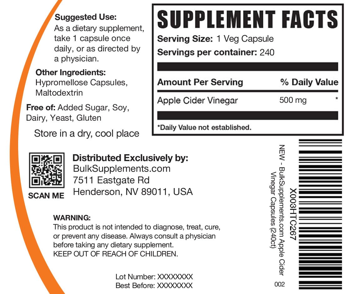 BulkSupplements Apple Cider Vinegar Capsule, 240 Capsules