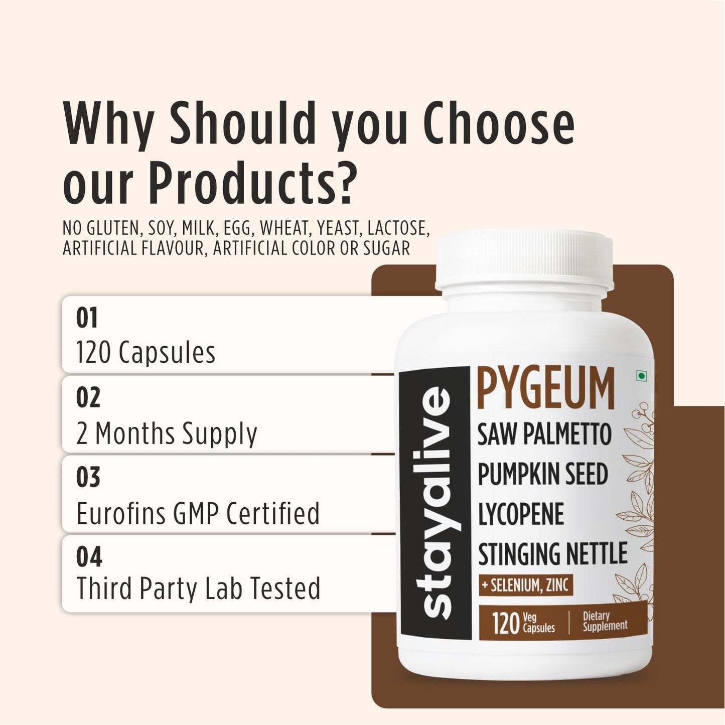 STAY ALIVE Pygeum Africanum Supplement 7-in-1 Extract with Saw Palmetto, Pumpkin Seed, Stinging Nettle and Lycopene Capsule, 120 Count