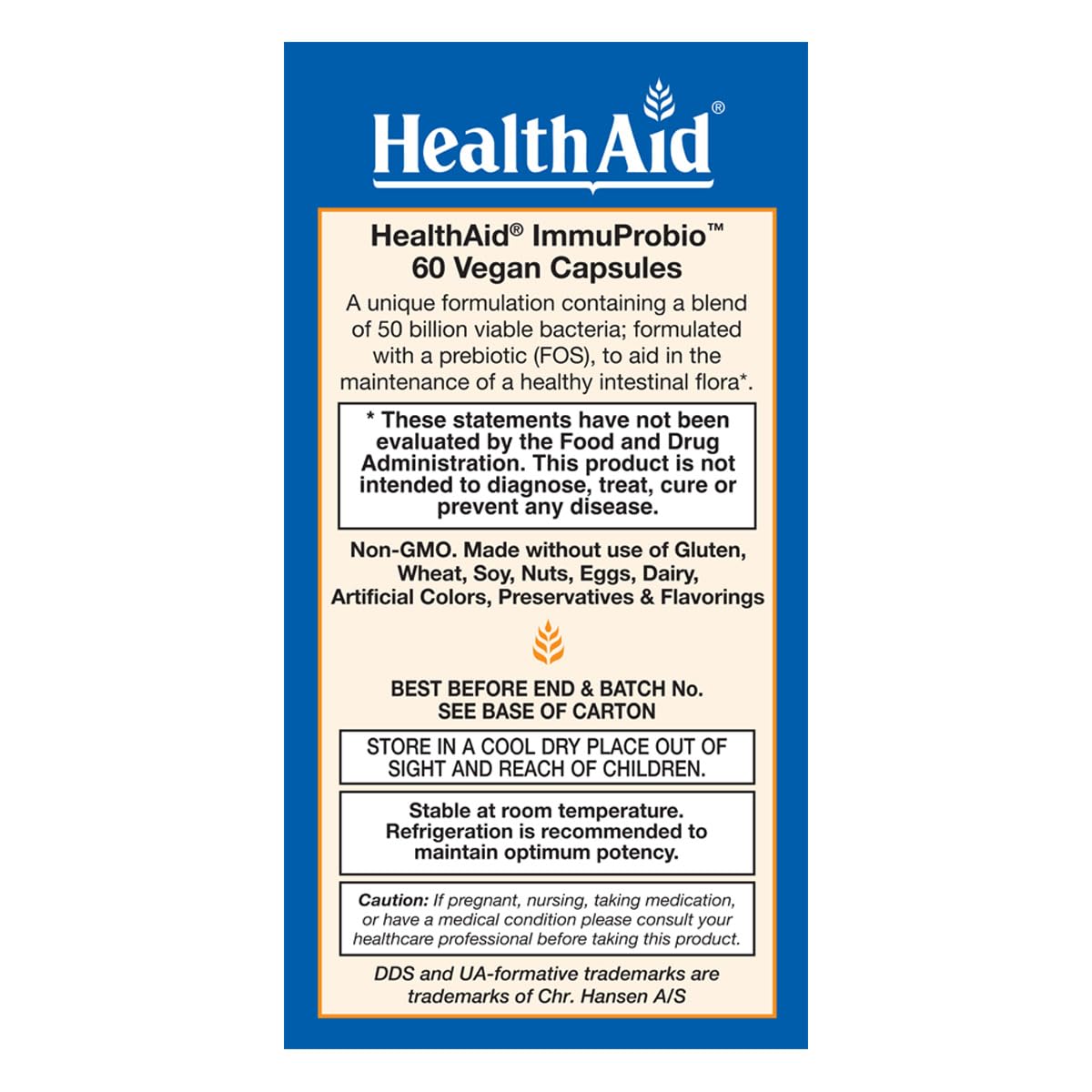 HealthAid ImmuProbio 50 Billion CFU Probiotic Once Daily Digestive & Immune Support with Prebiotic (FOS) & DDS-1 Strain Acid & Bile Resistant Vegan Capsules 60 Count