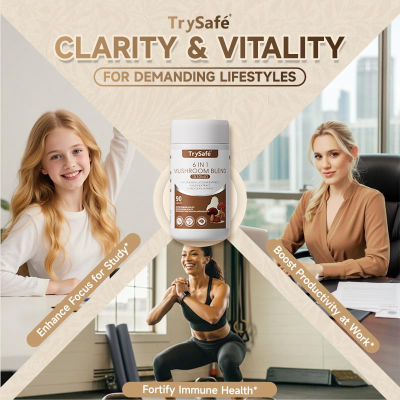 TrySafe 6-in-1 1530mg Organic Mushroom Complex Blend with Lion's Mane, Turkey Tail, Reishi, Cordyceps, Chaga, Shiitake for Memory, Focus & Clarity Support and Supports Natural Immune Defenses, 90 Capsules