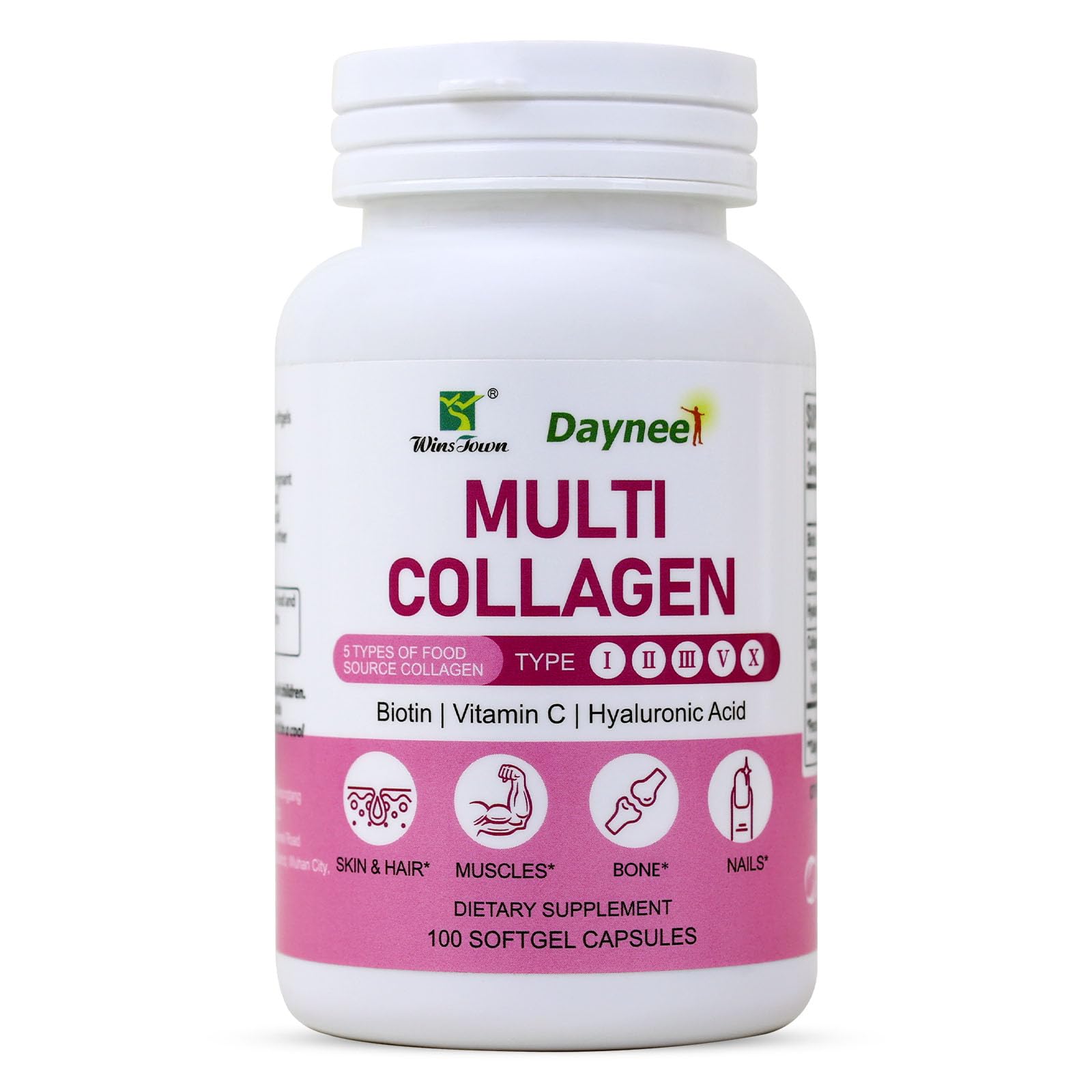 Wins Town Multi Collagen Peptides Softgels - Type I, II, III, V, X with Hyaluronic Acid, Vitamin C & Biotin, Supports Skin, Hair, Nails, Bones & Muscles, 100 Softgels