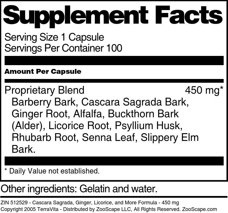 Terravita Cascara Sagrada, Ginger, Licorice, and More Formula 450 mg Capsules, 100 Capsules