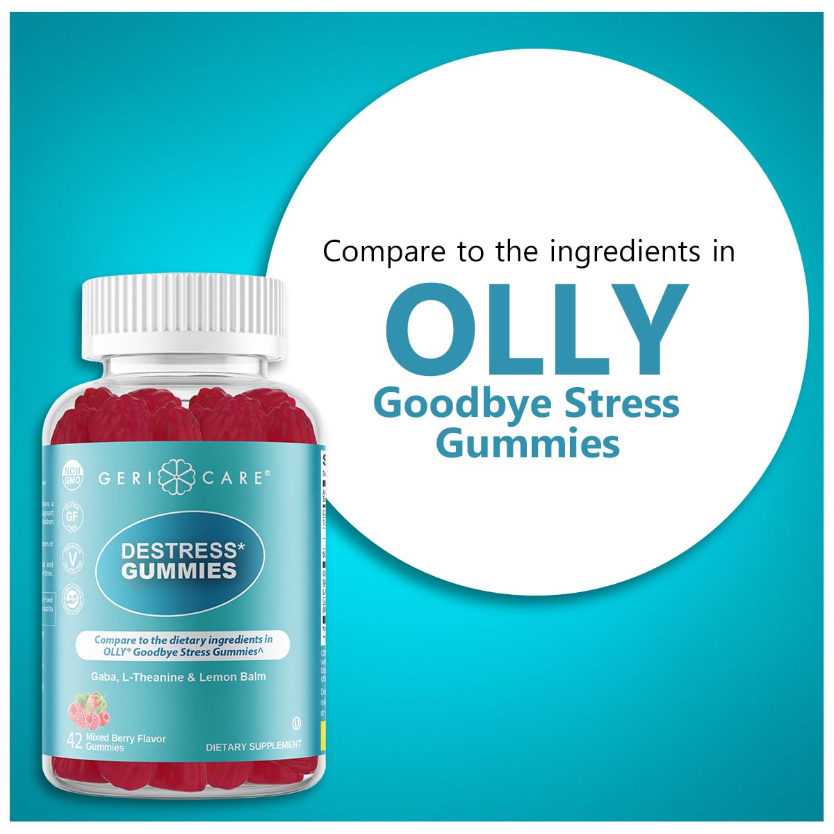 GeriCare DeStress Gummies with GABA, L-Theanine & Lemon Balm, Berry Flavor, Gummies, 84 Count