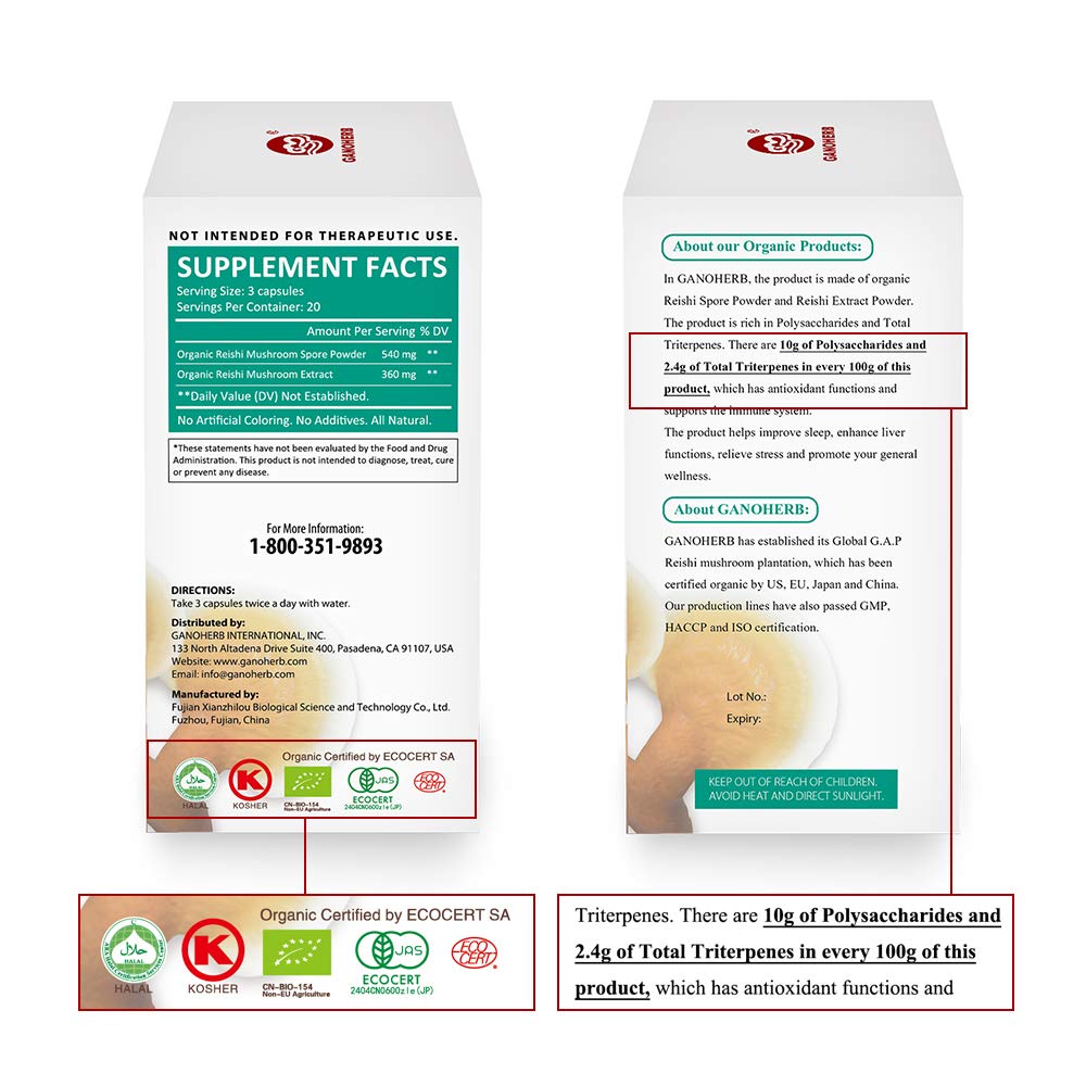 GANOHERB Organic Reishi Mushroom Spore Plus Capsules with 100% Ganoderma Lucidum Spore Powder+ Extract, Vegan, All Natural, Non-GMO & Gluten Free, 60 Capsules