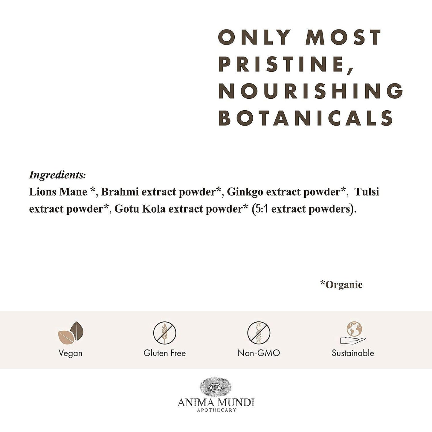 Anima Mundi Apothecary The Mind Energizing Brain Tonic Lion's Mane Mushroom Supplement Organic Adaptogenic Powder with Ginkgo & Mucuna 4.5 oz