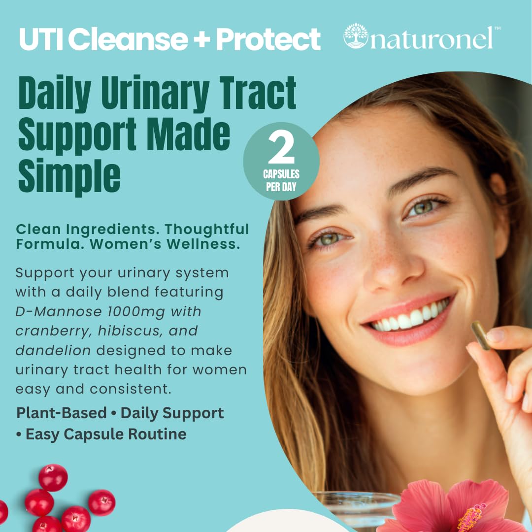 Naturonel UTI Cleanse + Protect – Urinary Tract Support with D-Mannose, Cranberry, Hibiscus & Dandelion | Advanced Formula, Dietary Supplement - Non-GMO, Made in USA, GMP Certified Capsule 60 Count