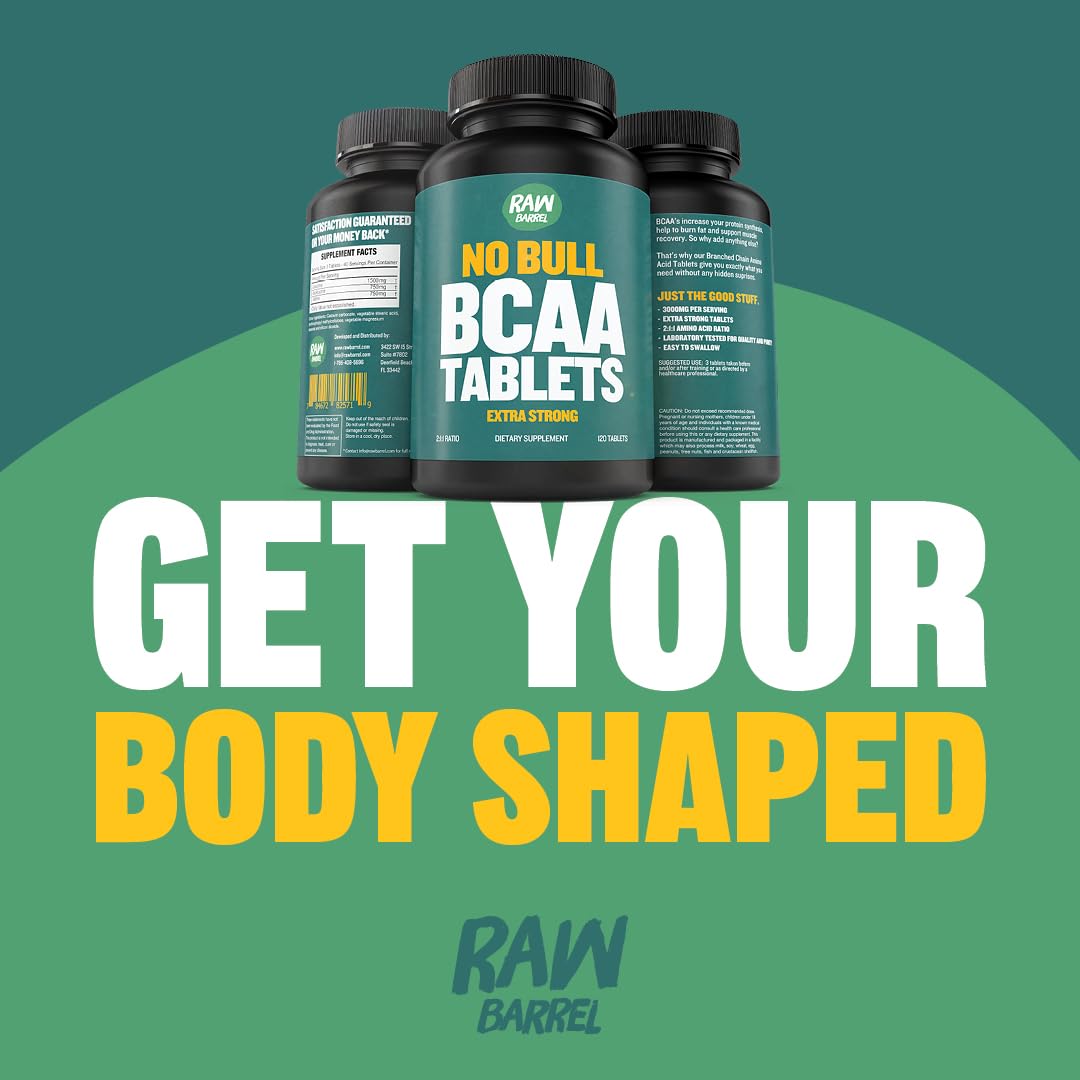 Raw Barrel BCAA Tablets 1000 mg - Branched-Chain Amino Acids Supplement for Muscle Recovery & Energy, Pre or Post Workout for Men & Women, Natural, Pure, GMO Free, 120 Tablets