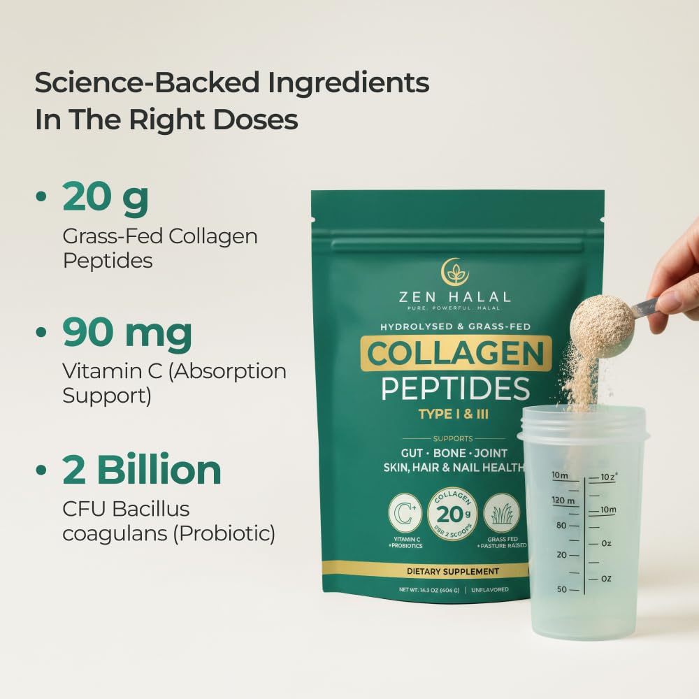 ZEN HALAL Collagen Powder with Vitamin C & Probiotic (18g Protein) Pure Grass Fed Halal Collagen Peptides for Women - Unflavored & Hydrolyzed Bovine Type I & III for Skin, Hair, Nails, Joints and Gut 14.3 Ounce