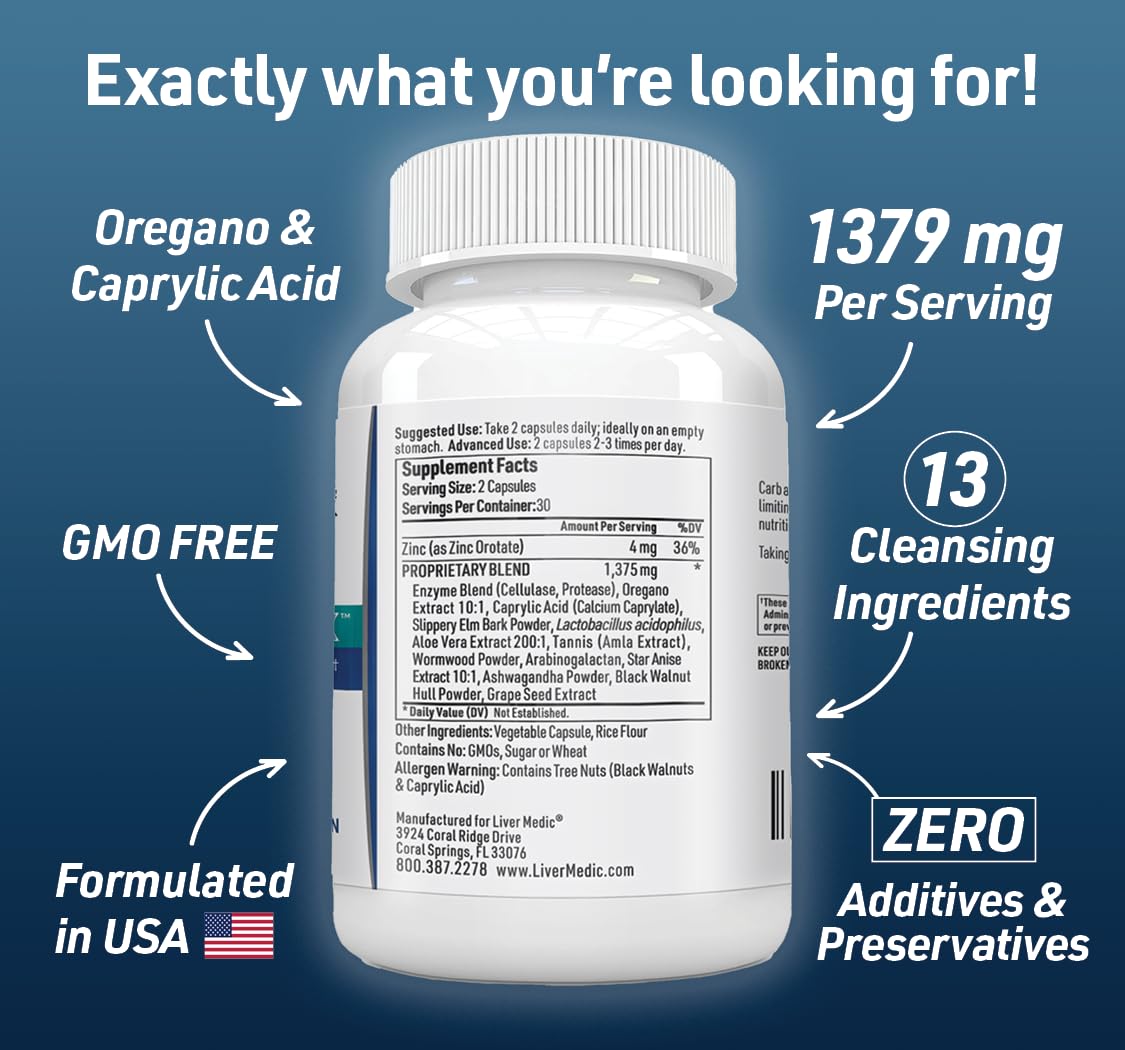 Liver Medic Candida Complex Digestive Enzymes Probiotic Cleanse Supplement Capsules, 120 Capsules