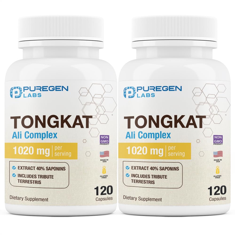 Puregen Labs Tongkat Ali Extract 200 to 1 for Men, 1020mg per Serving, High Potency with 20mg Tribulus Terrestris, 120-Count Capsules
