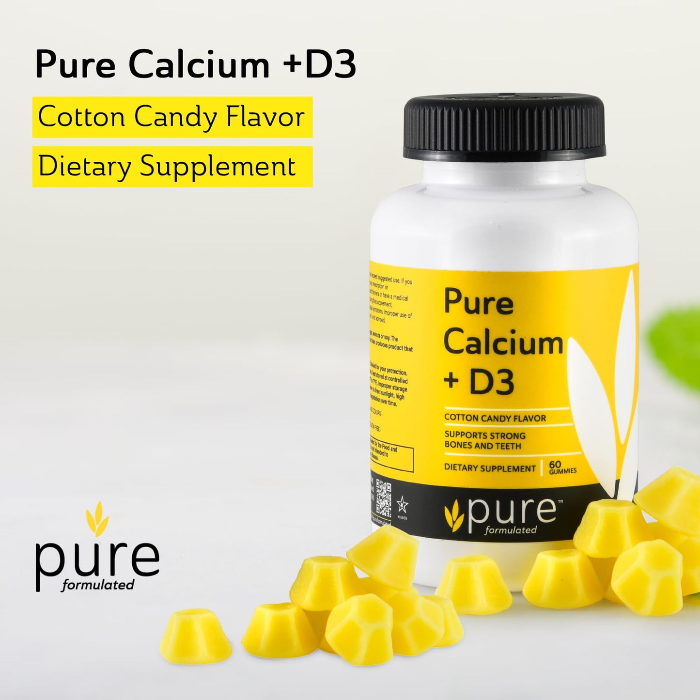 Pure Formulated Vegan Calcium with Vitamin D3 1000 IU, Strong Bones & Teeth Support, Gummy Chewable, 60 Gummies