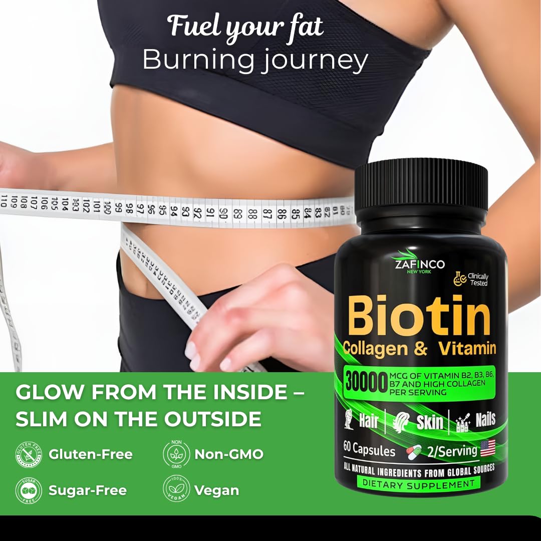 ZAFiNCO Biotin Capsule for Women and Men with 30000 mcg Biotin, Collagen, Hyaluronic Acid & Multivitamin Formula, 60 Capsules