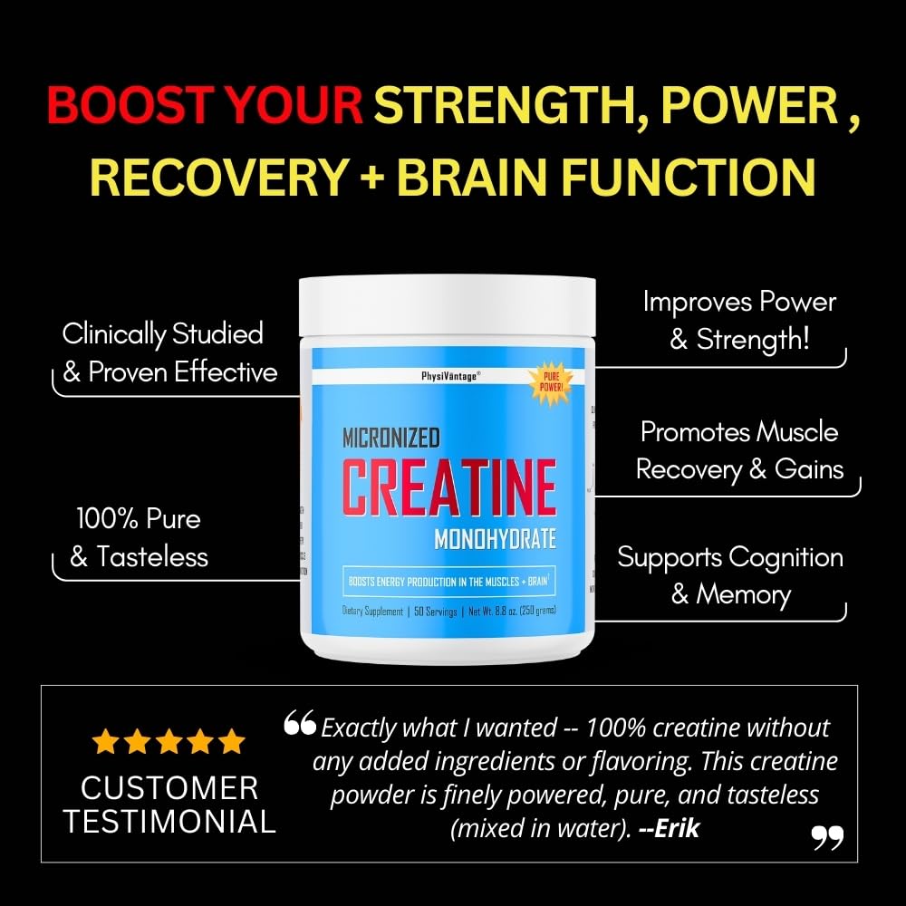 PhysiVantage Creatine Monohydrate – Pure Micronized 5g Dose Powder, 8.8 oz