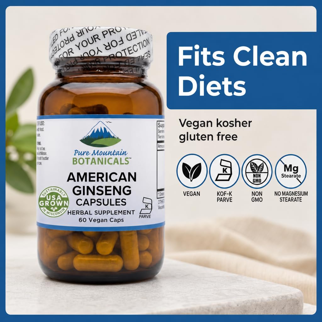 Pure Mountain Botanicals American Ginseng 400mg Panax Quinquefolia Ginseng Root Capsules, 60 Count