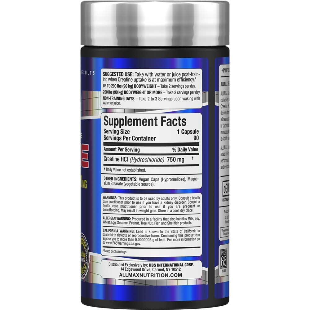 ALLMAX Creatine HCL 750 mg Capsules, 90 Count