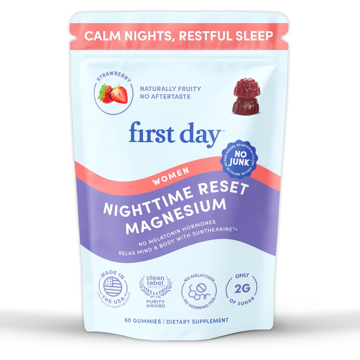 FIRST DAY Women’s Nighttime Reset Calming Magnesium Gummies, 60 Count