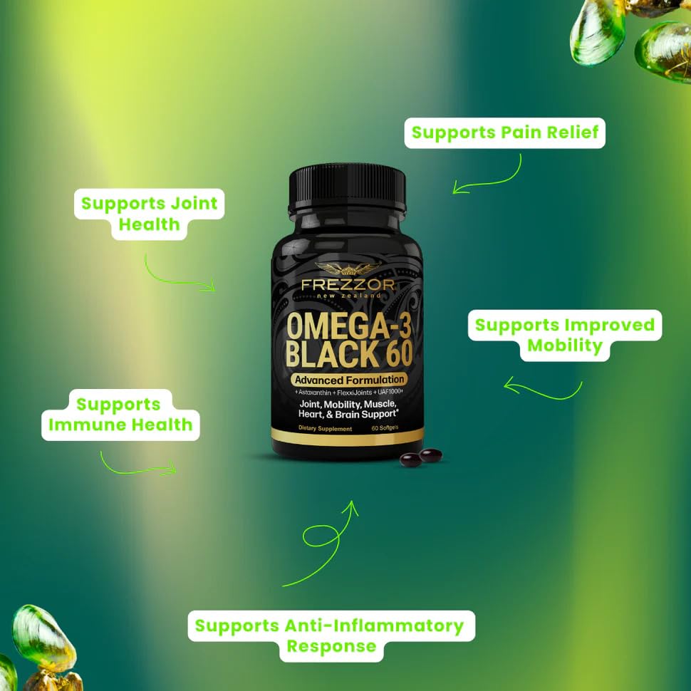 FREZZOR Omega 3 Black for Joint Care & Comfort - New Zealand Green Lipped Mussel Oil Softgels 180