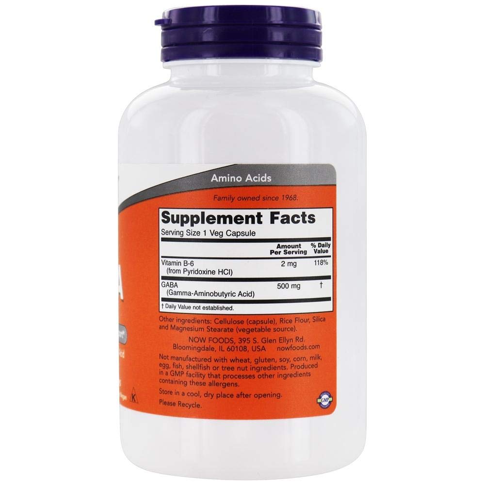 NOW Foods GABA with Vitamin B6 500 mg Capsules, 200 Capsules