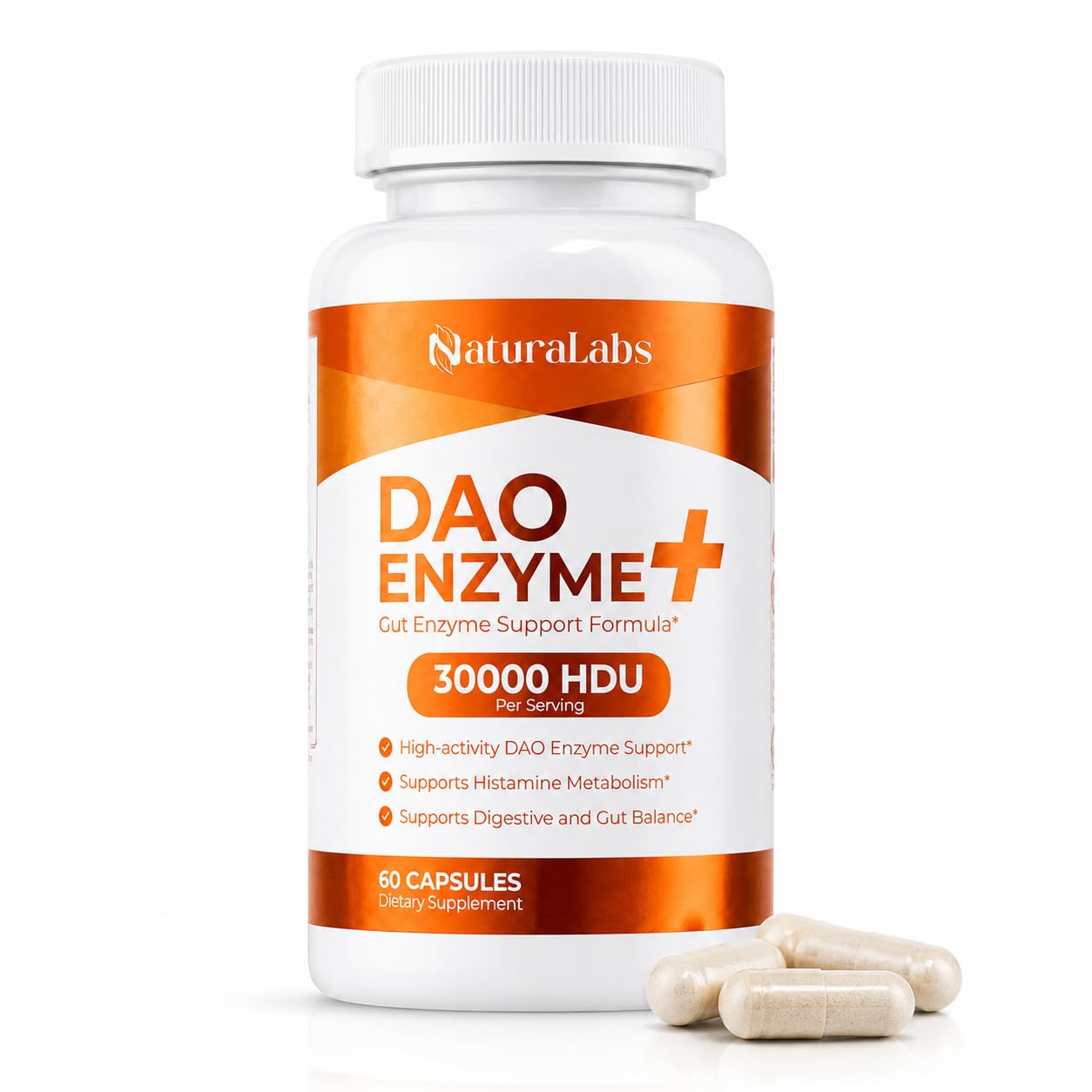 NATURALABS DAO Enzyme + Histamine Blocker - Triple-Strength 30,000 HDU Formula with Vitamin C Capsules 60 Count