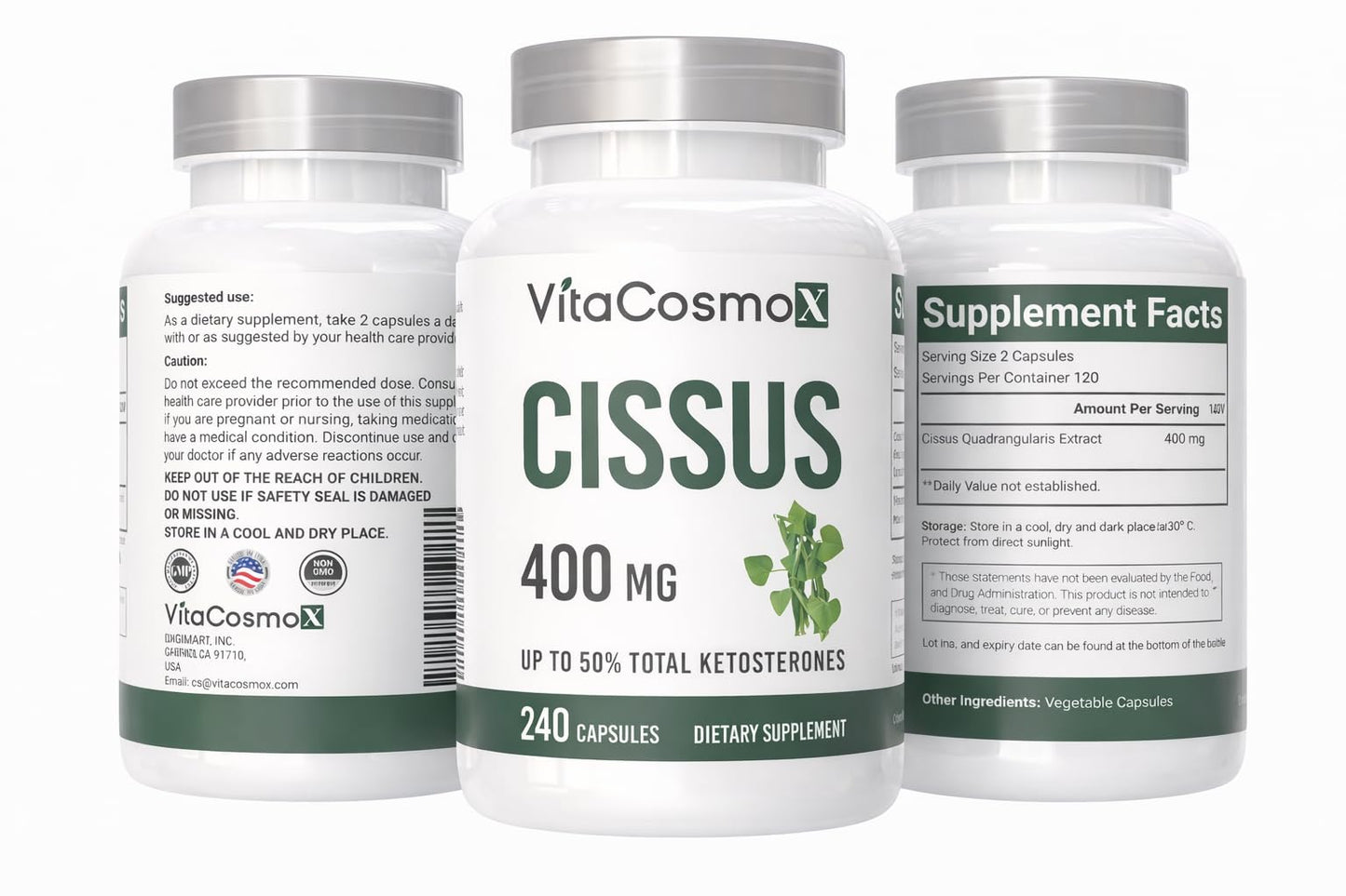 VitaCosmoX Cissus Quadrangularis 400 mg Capsule, 240 Count (Pack of 3)