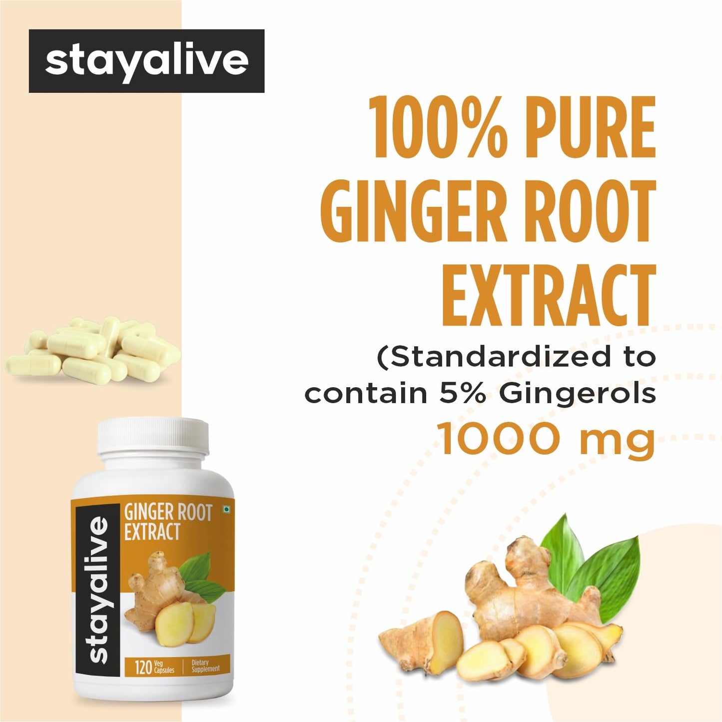 STAY ALIVE Ginger Root Capsules 1000mg 10:1 Extract Powder with 5% Gingerols, 120 Capsules