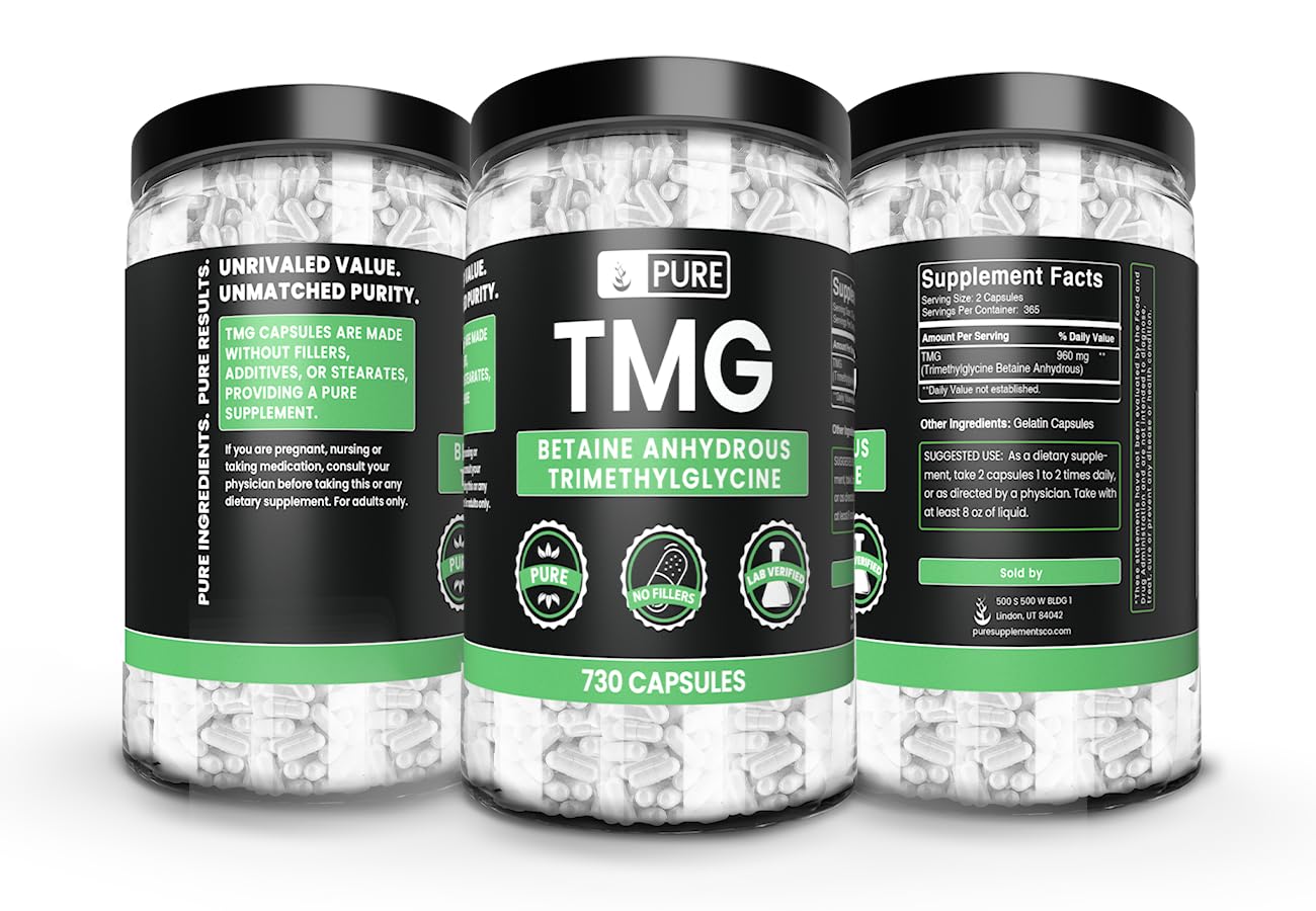 Pure Organic Ingredients TMG Trimethylglycine Betaine Anhydrous, 730 Capsules
