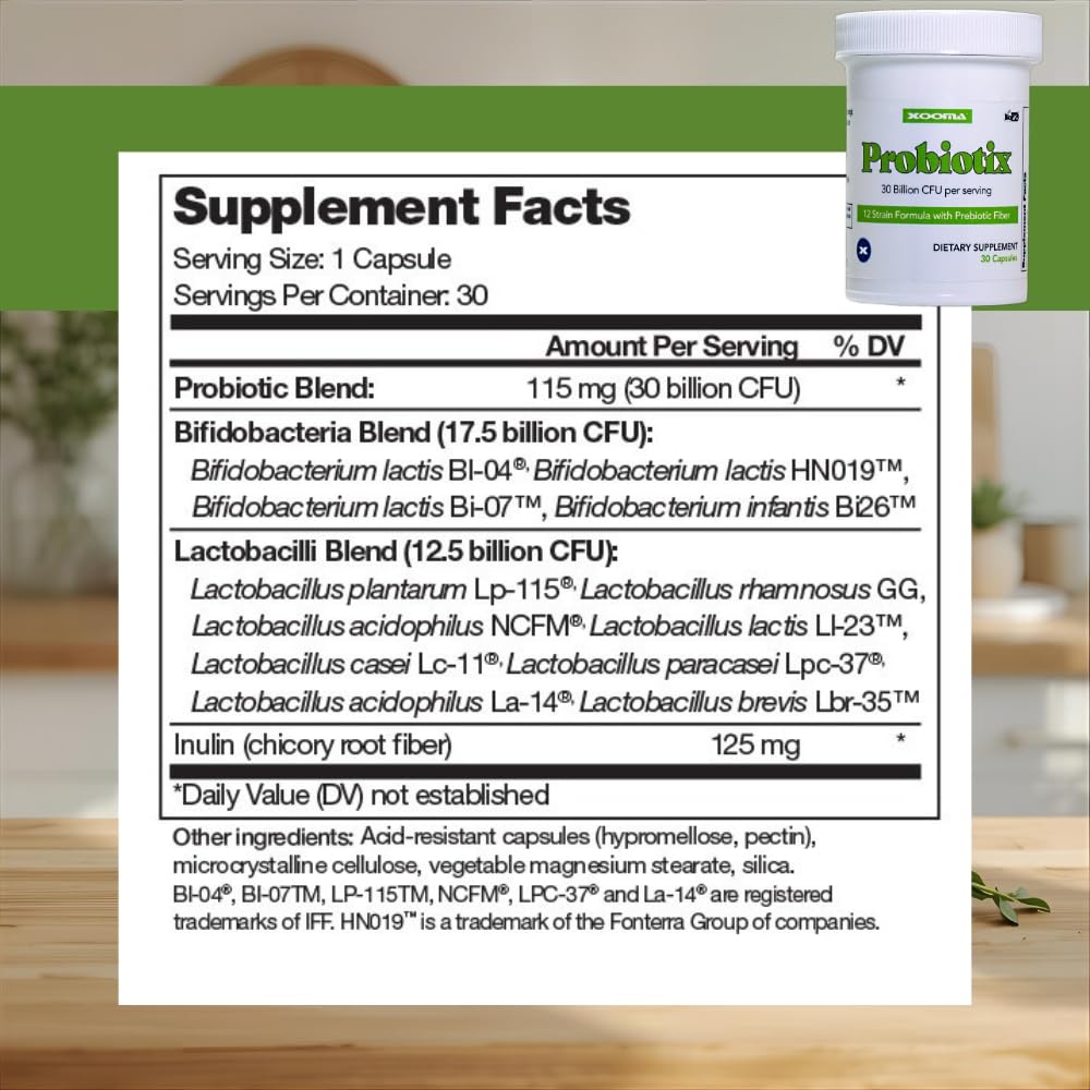 Xooma Probiotix 12-Strain Probiotic + Prebiotic Fiber Capsules, 30 Capsules