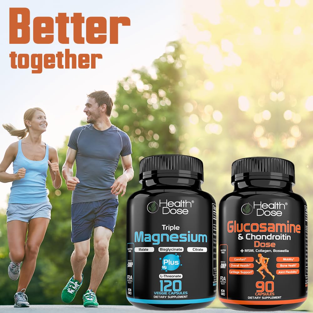 Health Dose Triple Magnesium Complex 1000 mg L-Threonate, Bisglycinate, Citrate & Malate Blend Capsules, 120 Count