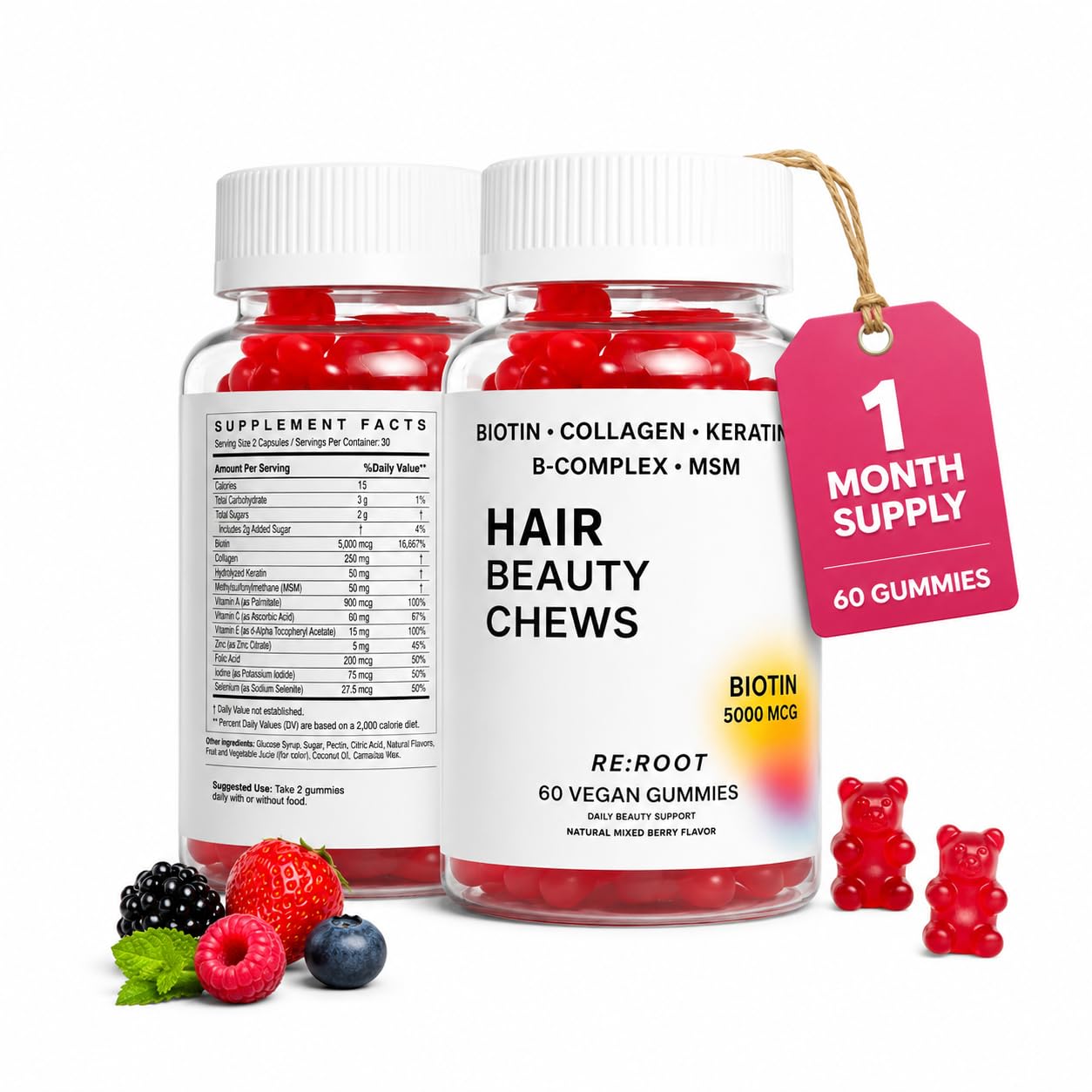 RE:ROOT Hair Growth Gummies – 5,000 mcg Biotin with Collagen, Keratin & MSM – Hair, Skin & Nails Support – 60 Gummies