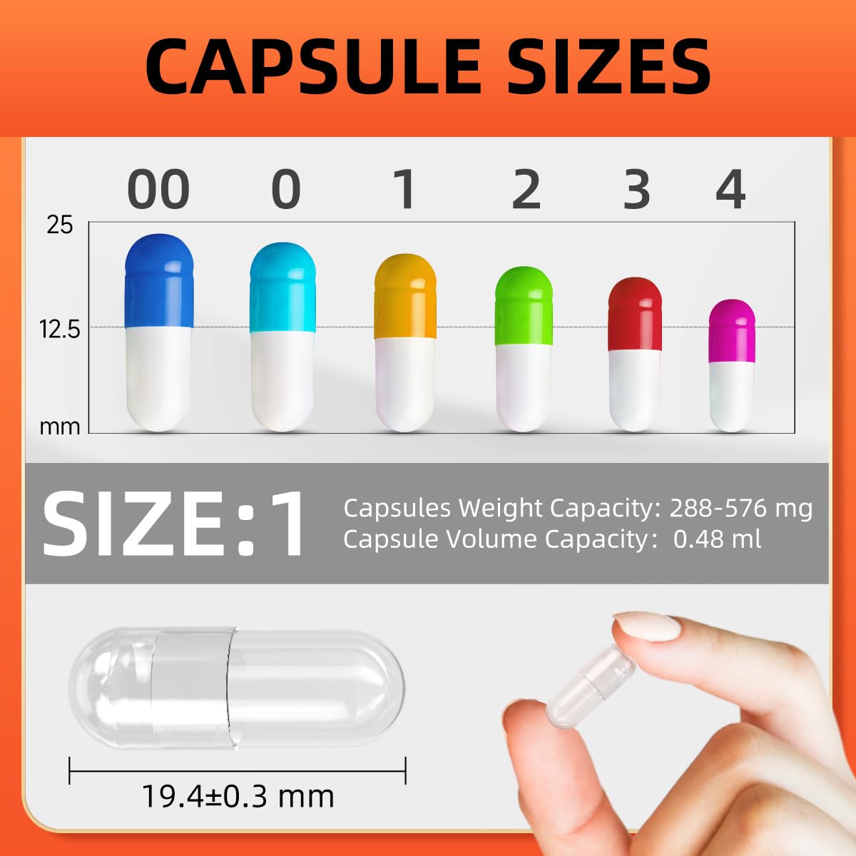 CAPSLogist Vegan Empty Capsules Size 1, 1000 Count, Clear